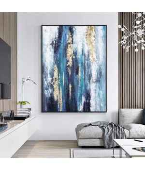 Home Decor Abstract Blue Painting Wth Gold Foil Hand Painted Handmade Wall Art Oil Painting On Canvas custom oil painting