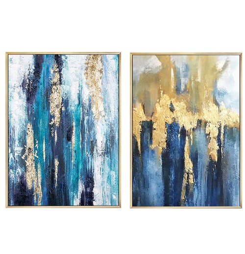 100% handpainted abstract modern oil painting on canvas grey blue gold foil artwork wall art for home hotel decora wholesaler