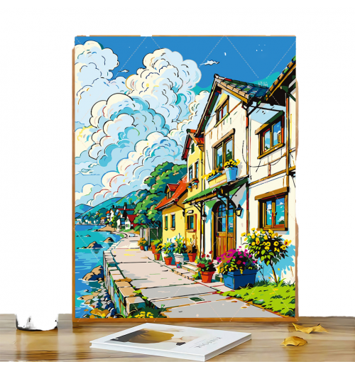 DIY hand drawn cartoon digital oil painting home landscape fabric children's room decoration healing painting