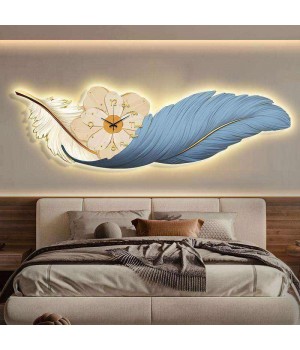 Factory Direct Decorative Landscape Art UV printing acrylic feather clock painting Wall art LED home improvement lights